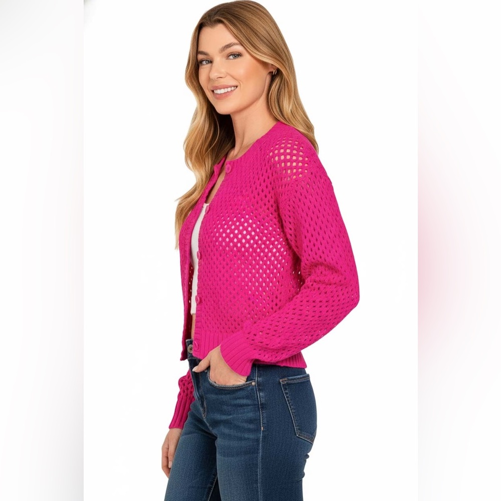 Zenana Button Down Lightweight Crochet Cardigan Sweater - Picture 3 of 4